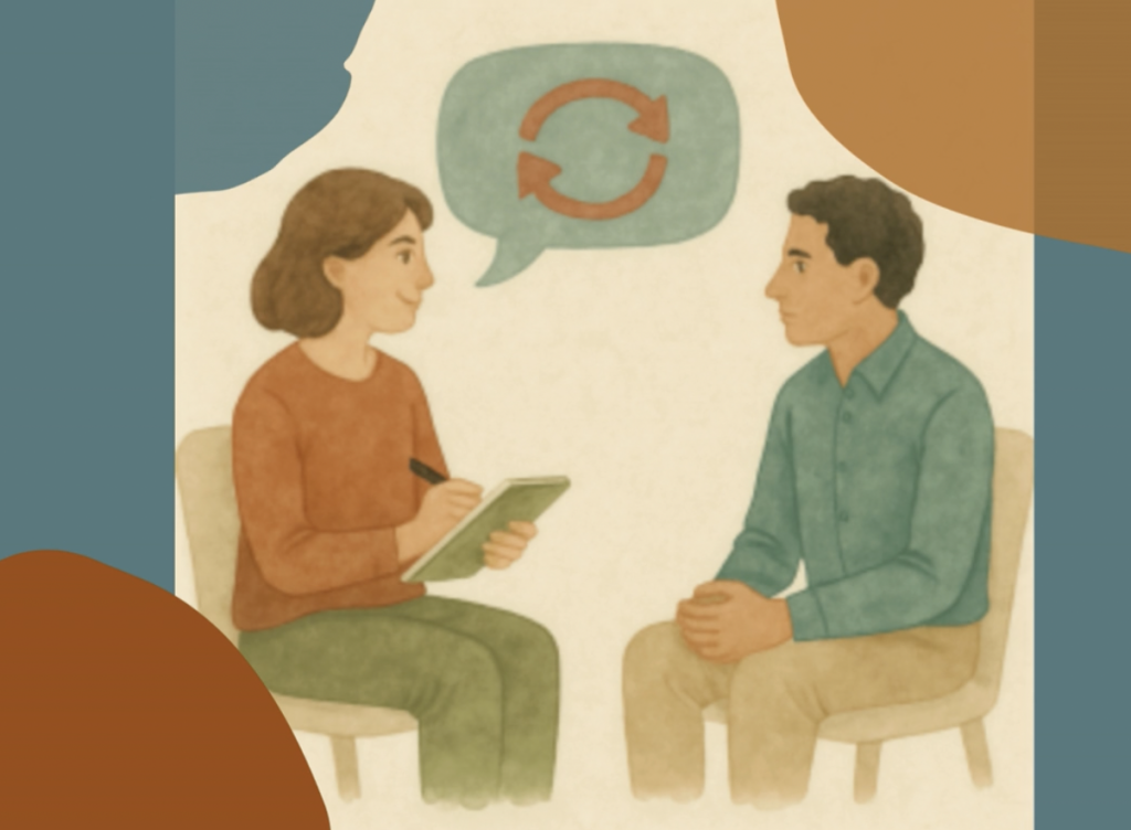 dessin d'une thérapeute systémique qui explique les blocages et l'approche systémique à son patient